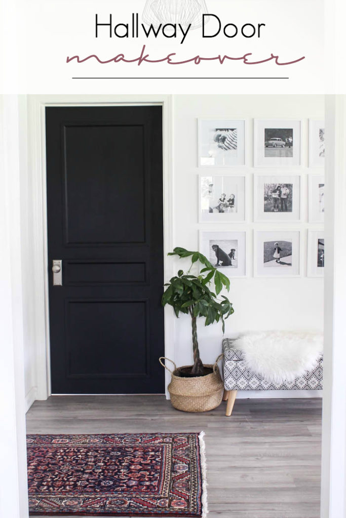 Navy blue hallway door with text overlay reading "Hallway Door Makeover"