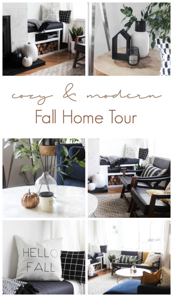 A beautiful cozy fall home tour! Love the pops of mustard yellow in this monochromatic modern fall living room! Beautiful minimalistic way to style a living room for autumn! 