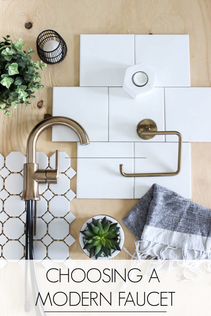 Ideas for choosing a modern faucet, tub filler, and shower head for your bathroom! Love the champagne bronze finish for this contemporary space! #bathroom #modernbathroom #homedesign #flaylay 