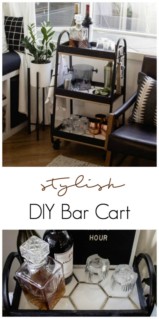 This modern bar cart is stunning! It's hard to believe that this is a DIY! Love the tile inlays and the mix of black, white, and gold in the design. Beautiful bar cart styling and ideas for your home entertaining! #DIY #barcart #tile #luxe #modern