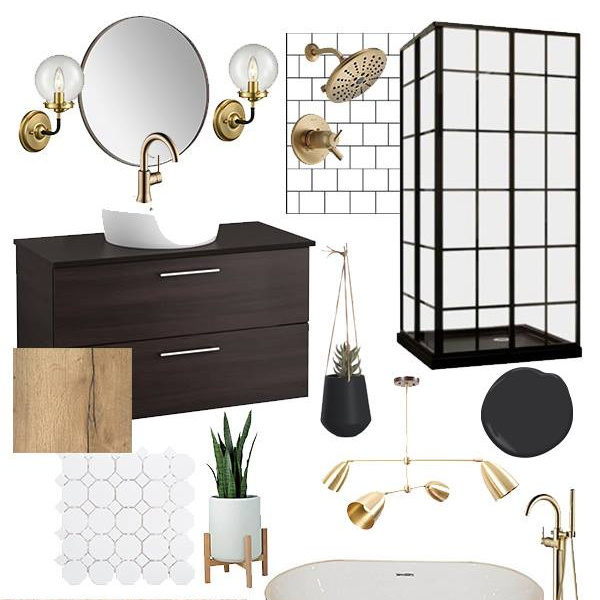 Beautiful Modern Bathroom Design plans! Love the black and white, and mixed metallics in this modern bathroom design. The glass shower and black freestanding tub against the gold faucets will look beautiful! #bathroom #bathroomdesign #moodboard #gold #vintage