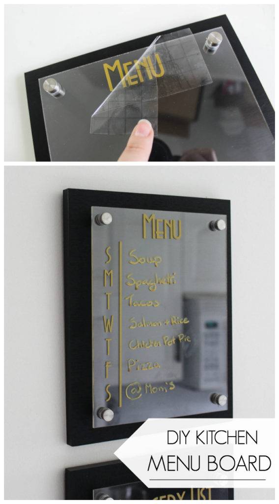 A simple, modern kitchen menu board. Love this meal planning idea! A simple way to create a weekly meal plan and grocery list. An easy vinyl project for Cricut beginners! #cricut #organization #mealplanning #kitchenorganization