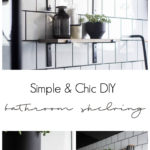 Love the look of this simple bathroom shelving! The open shelving is beautiful and so easy to build! Get tips and tricks for drilling into tile too! Love the modern bathroom design. #moderndesign #bathroom #DIY