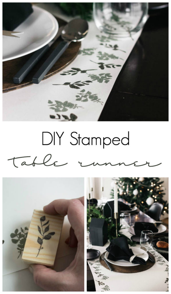 A beautiful eucalyptus stamped table runner for the holiday season! Love this budget-friendly DIY! All you need is green paint and paper to make this stunning modern Christmas tablescape! #tablescape #Christmas #darkandmoody #Holiday #blackandwhite #tablesetting