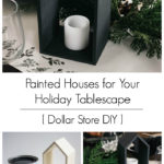 Love the little houses on this modern tablescape! A beautiful holiday idea using simple dollar store wooden houses! Buy these little houses and create the perfect holders for your battery powered candles! #Christmas #darkandmoody #Holiday #blackandwhite #tablesetting