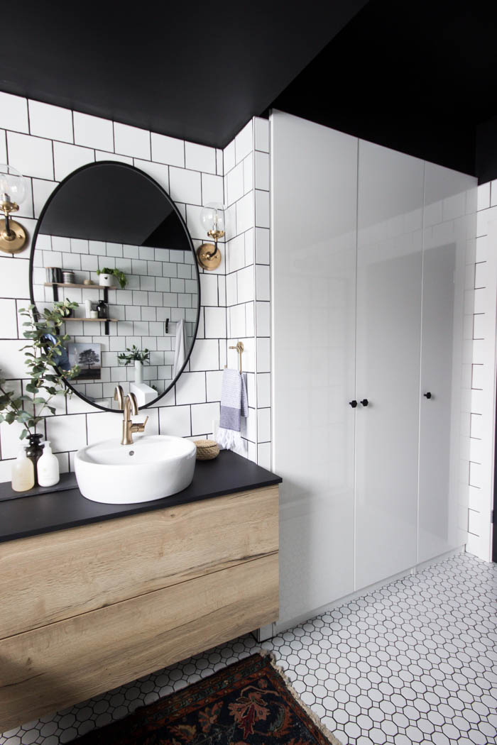 Storage in the modern bathroom reveal.