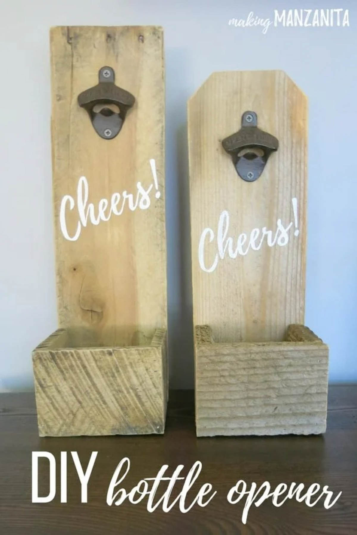 wooden wall mounted bottle openers with "Cheers" stenciled on them