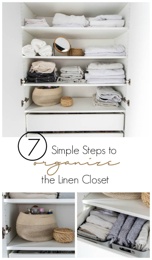 A beautifully organized linen closet in 7 quick steps! Looking to add some organization to your linen closet? These easy tips and tricks will help your linen cabinet stay organized. #organization #konmari #linencloset