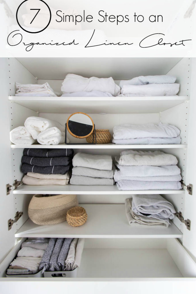 A beautifully organized linen closet in 7 quick steps! Looking to add some organization to your linen closet? These easy tips and tricks will help your linen cabinet stay organized. #organization #konmari #linencloset