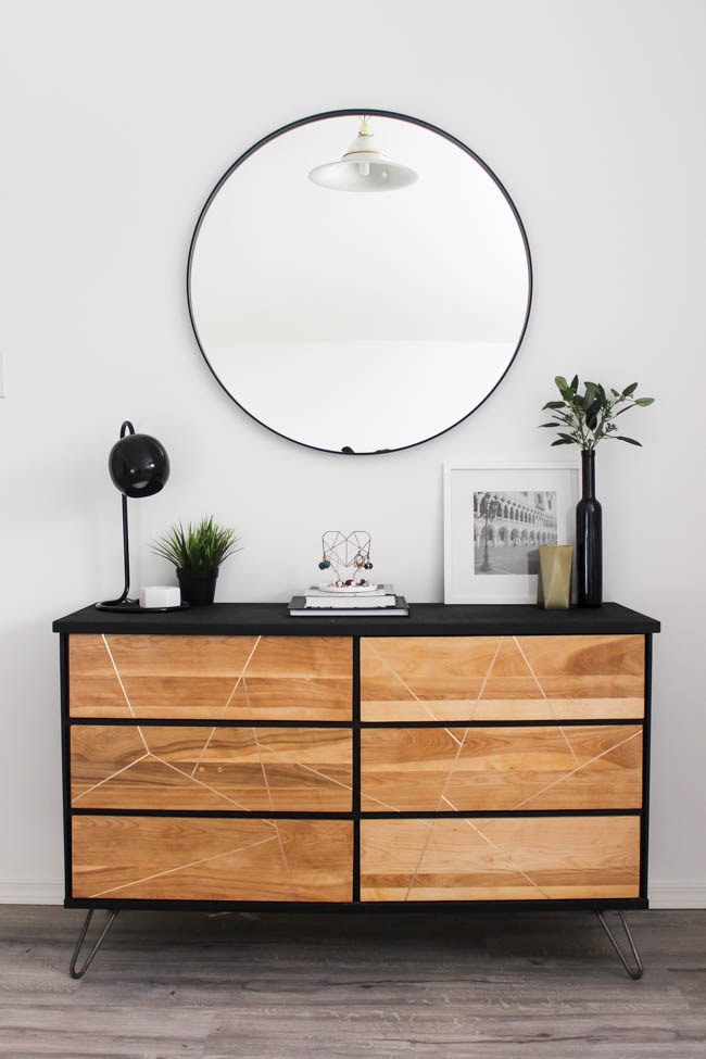 Chic dresser makeover with black paint and wood feature
