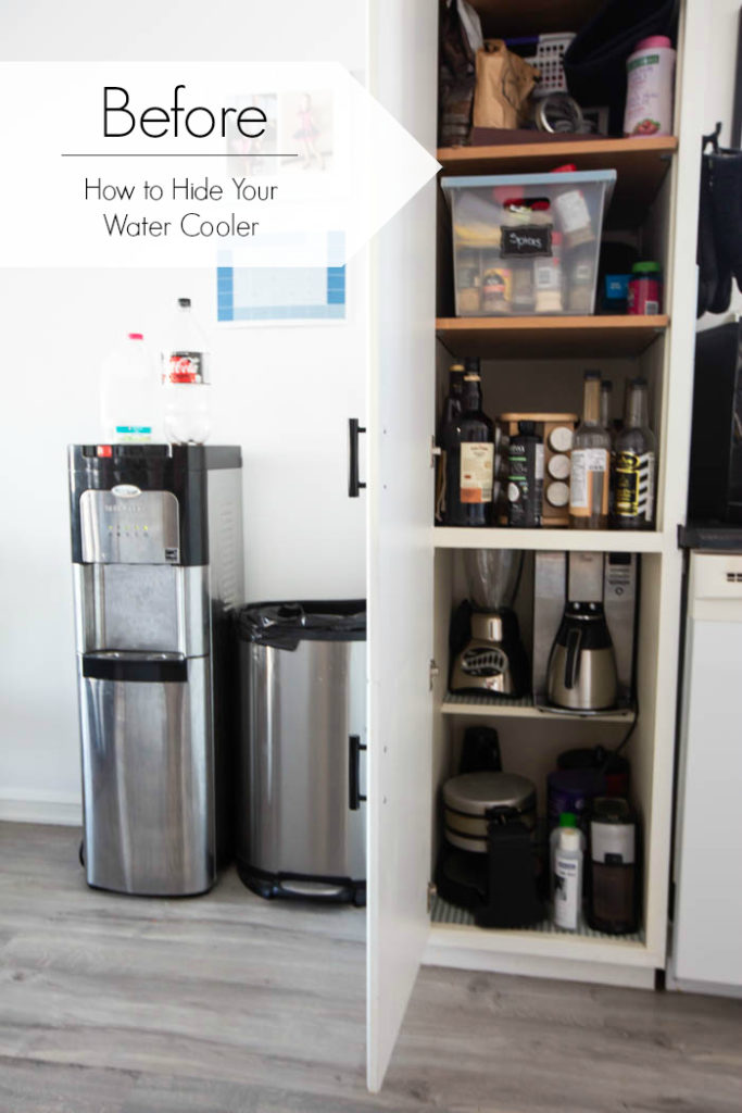 photo of messy trash can, recycling, and water cooler with text overlay reading "before how to hide your water cooler"
