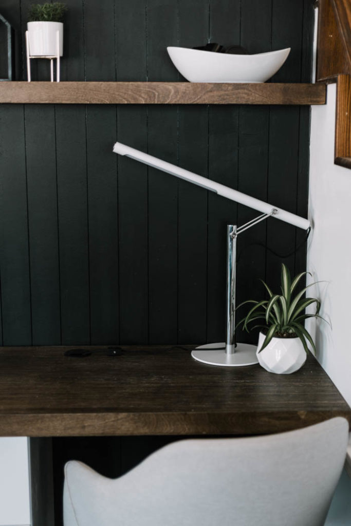 vertical shiplap with modern brown desk