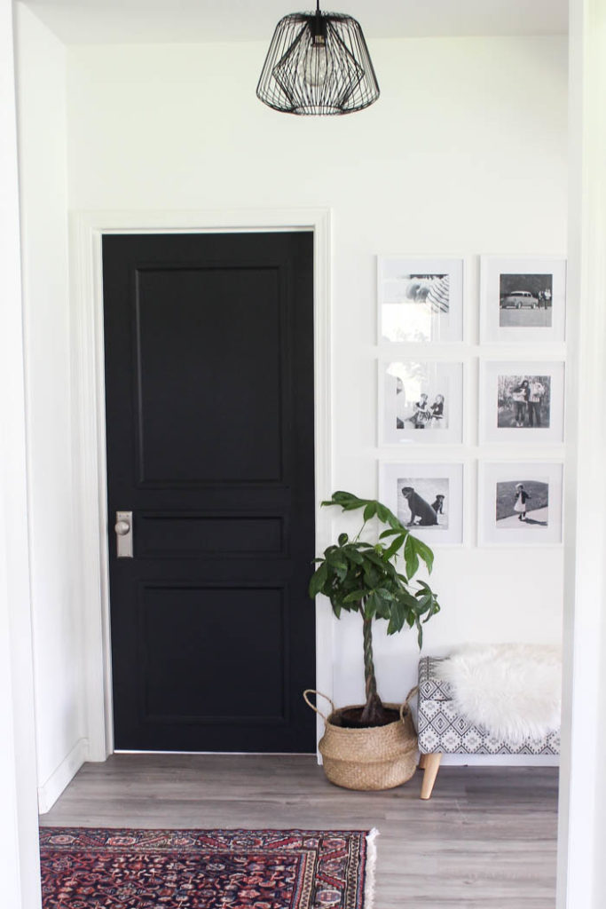 modern hallway with photo gallery, plant, bench, and updated doors