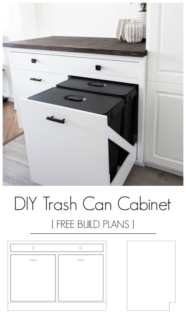 photos of a cabinet with pull out trash can storage with text overlay reading "DIY trash can cabinet free build plans"