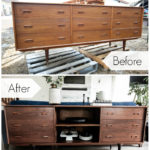 before and after photos of a beautiful sideboard makeover with text overlay reading, "before" and "after"