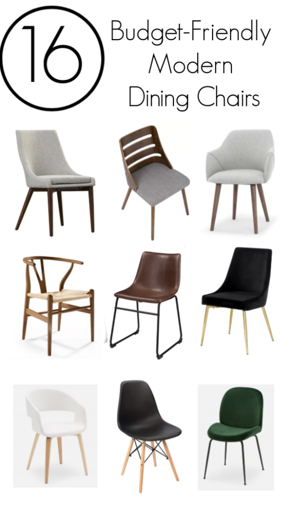 Collage of dining chair photos with text overlay reading "16 Budget-Friendly Modern Dining Chairs"