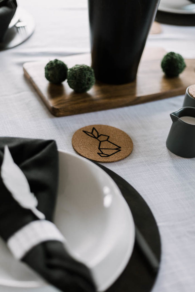 Easter tablescape with bunny coasters