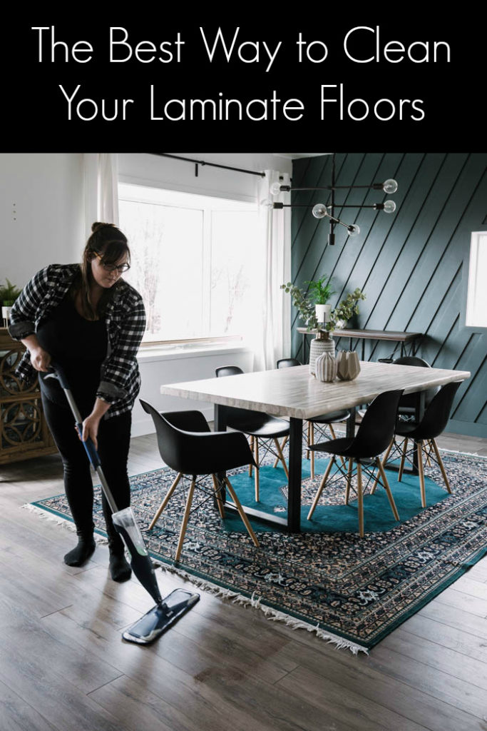 Woman cleaning floors with text overlay reading "the best way to clean your laminate floors"