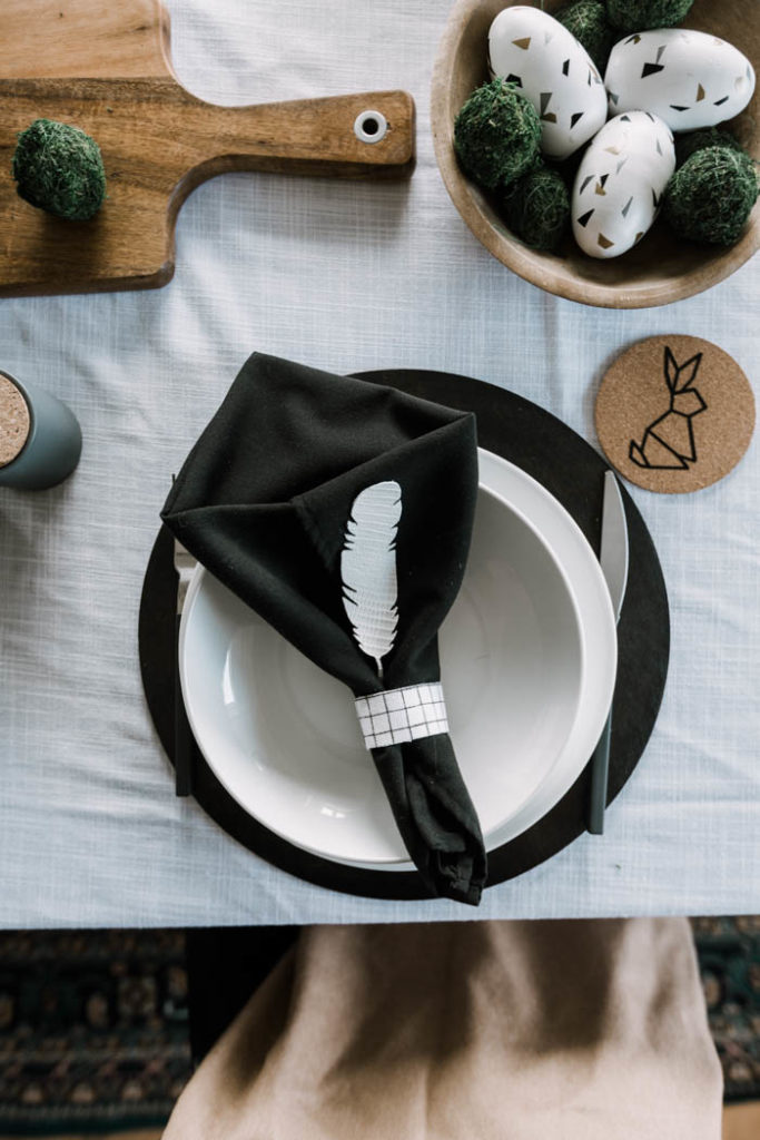 black and white table setting for Easter