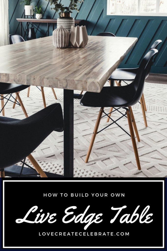 A modern live edge table with text overlay reading "how to build a live edge table"