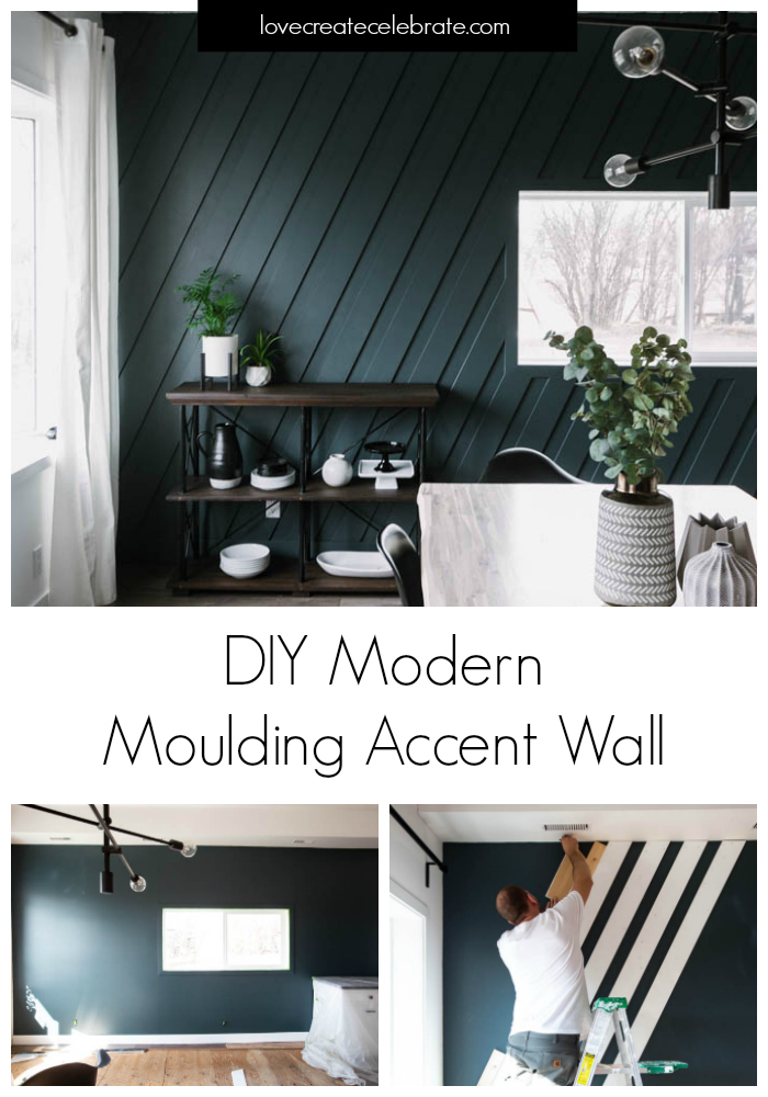 Collage of accent wall DIY photos with text overlay reading "DIY Modern Moulding Accent Wall"