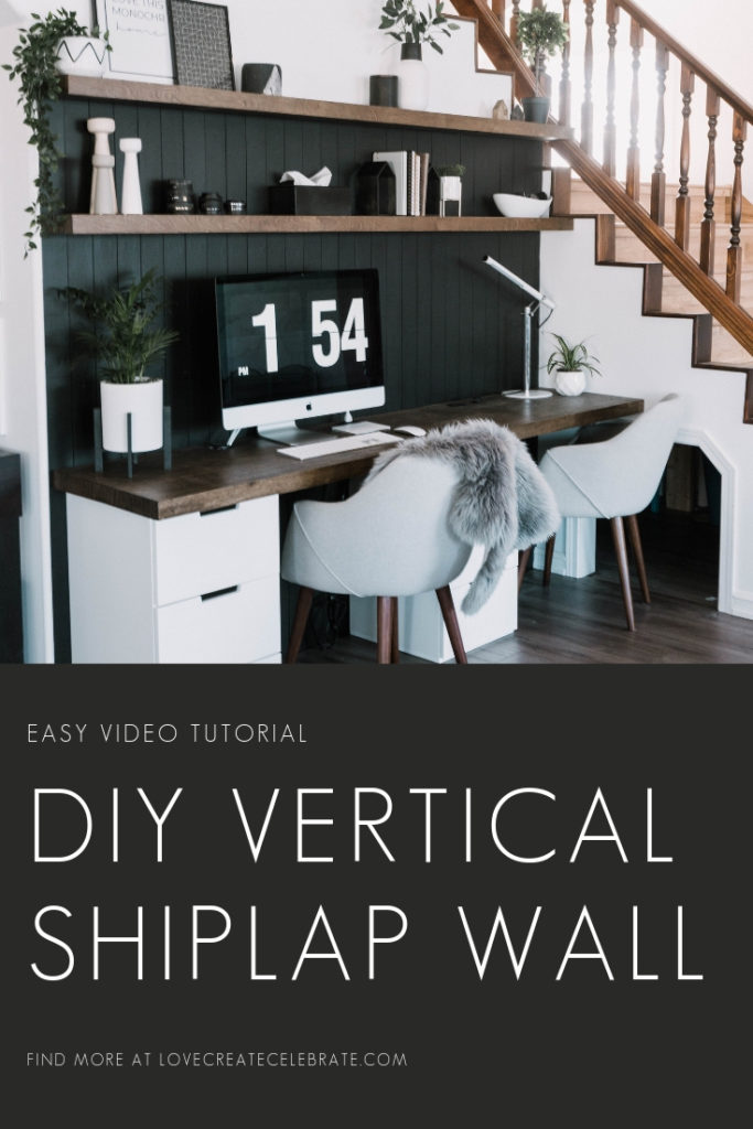 Vertical shiplap wall behind a desk with text overlay reading "DIY vertical shiplap wall"