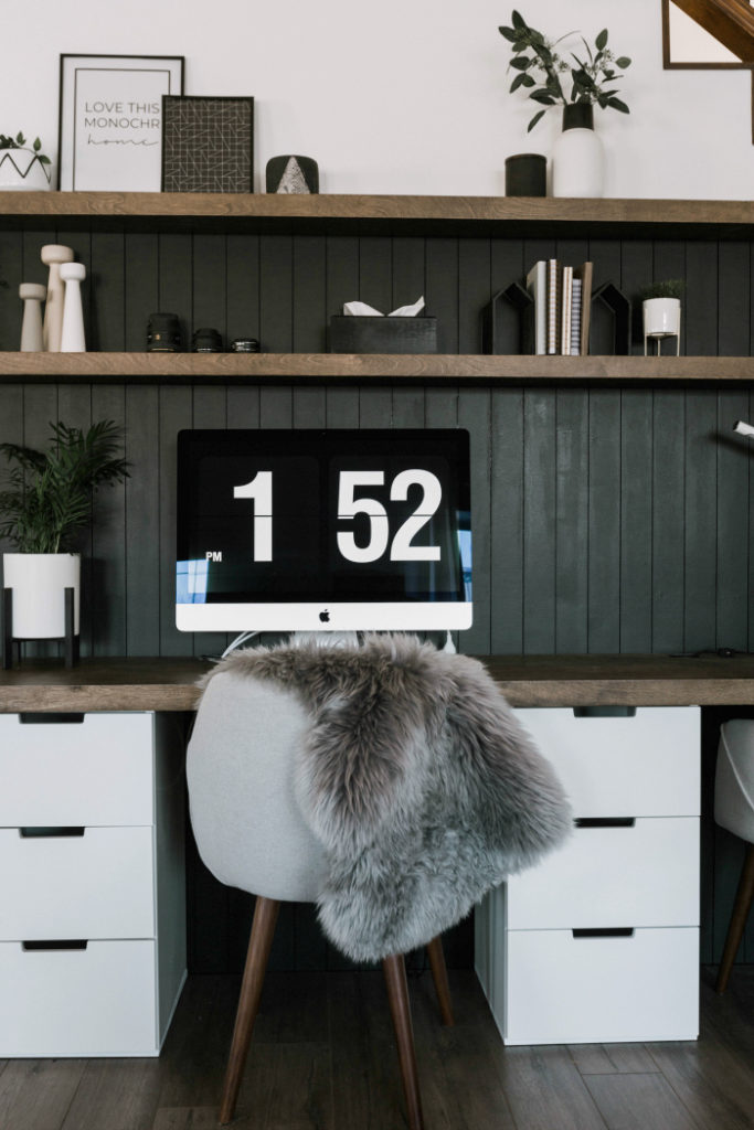 modern black, white, and wood desk