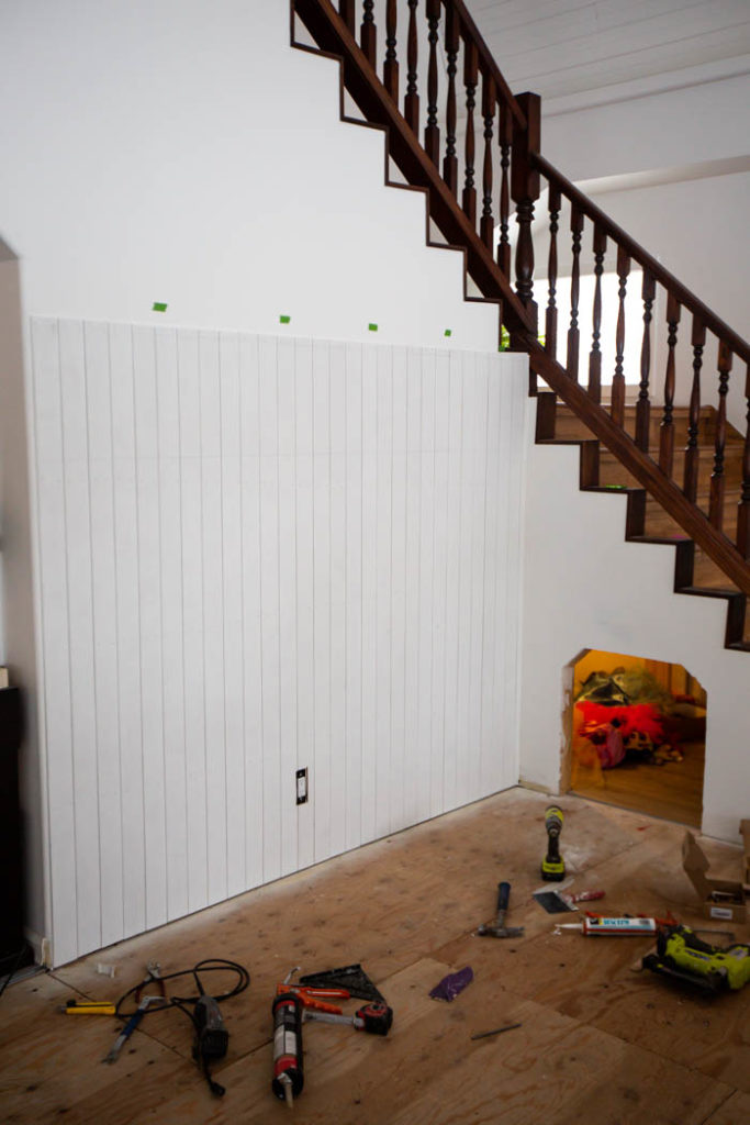 DIY white vertical shiplap