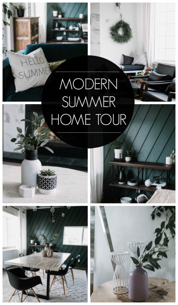 Collage of modern summer home pictures with text overlay reading "modern summer home tour"