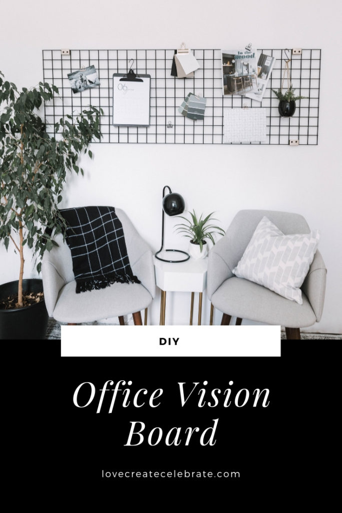 metal wall grid with text overlay reading "office vision board"