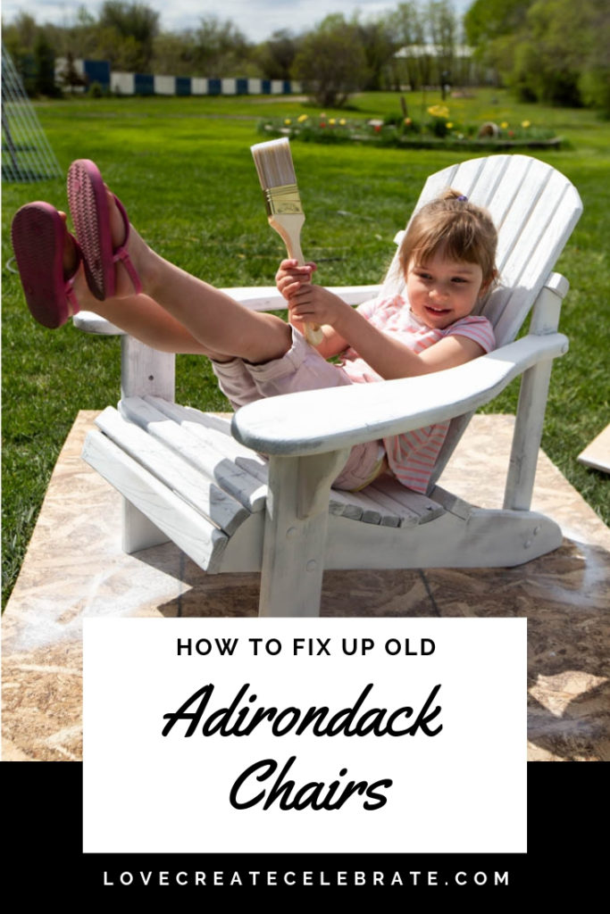 A girl in a adirondack chair with text overlay reading "How to fix up an adirondack chair"