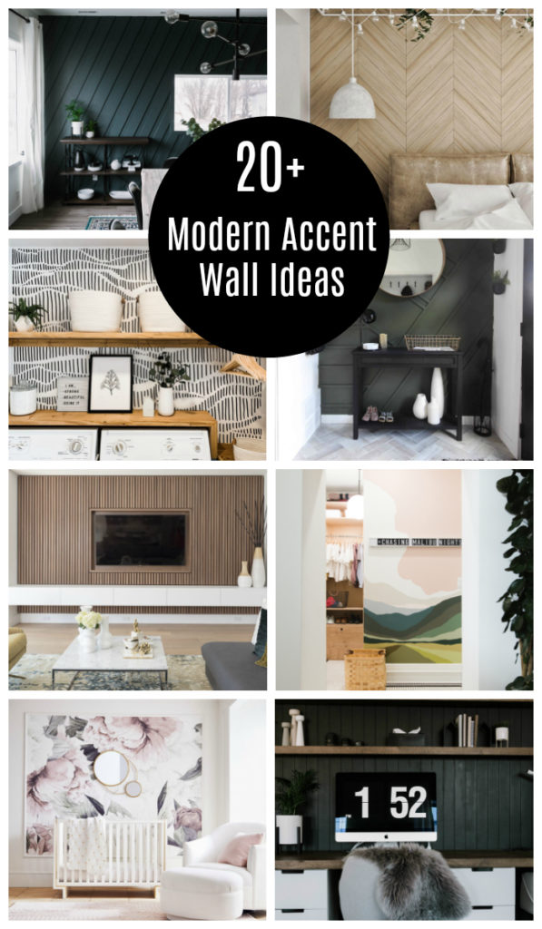 collage of modern accent walls with text overlay reading, "20+ modern accent wall ideas"
