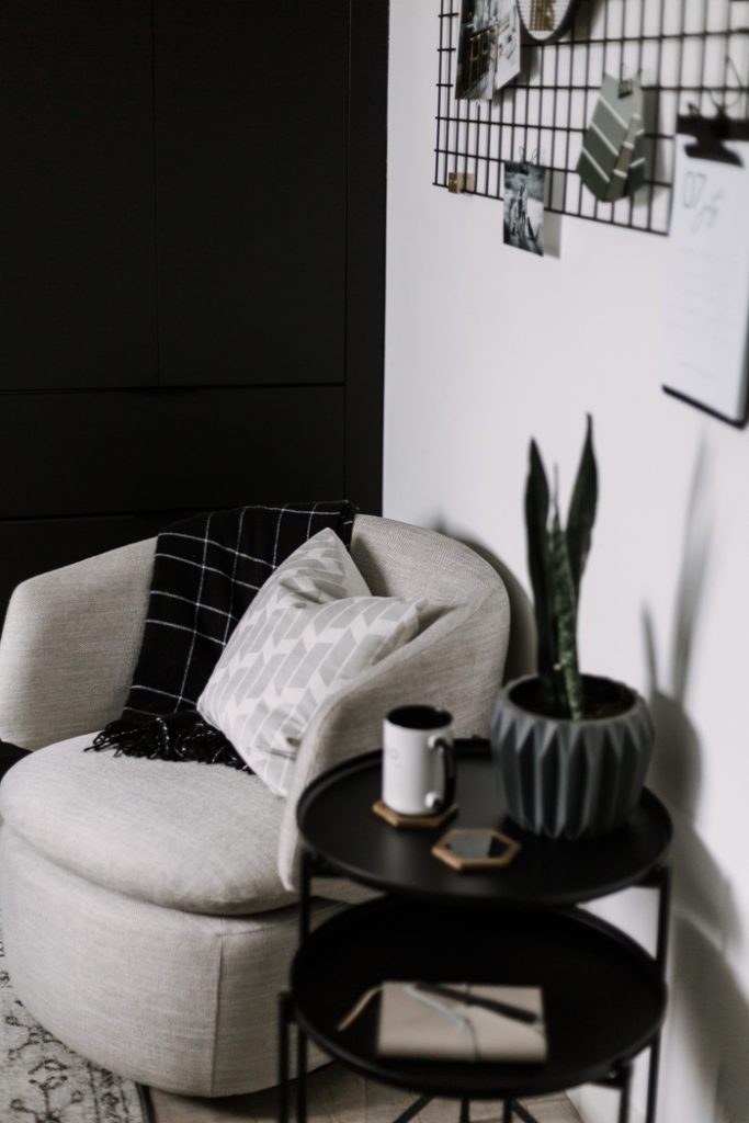 accent chair and nesting tables for home office