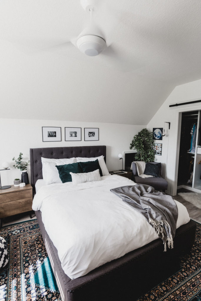 white ceiling fan in master bedroom makeover