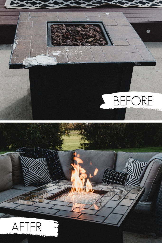 before and after collage of fire pit revamp