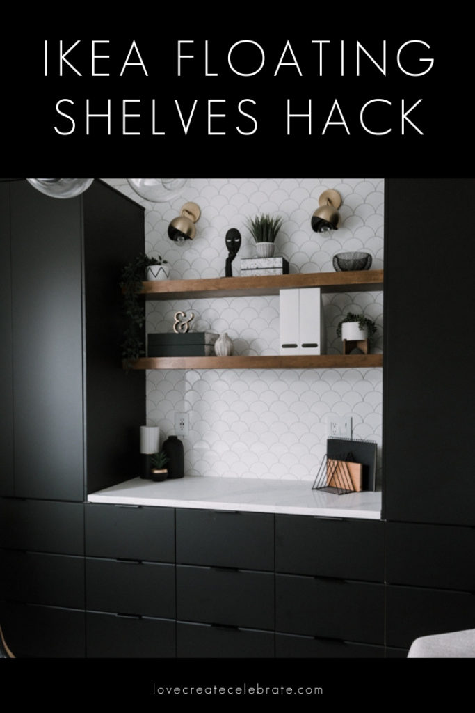 Photo of beautiful wooden office shelves with text overlay reading "IKEA Floating shelves hack"