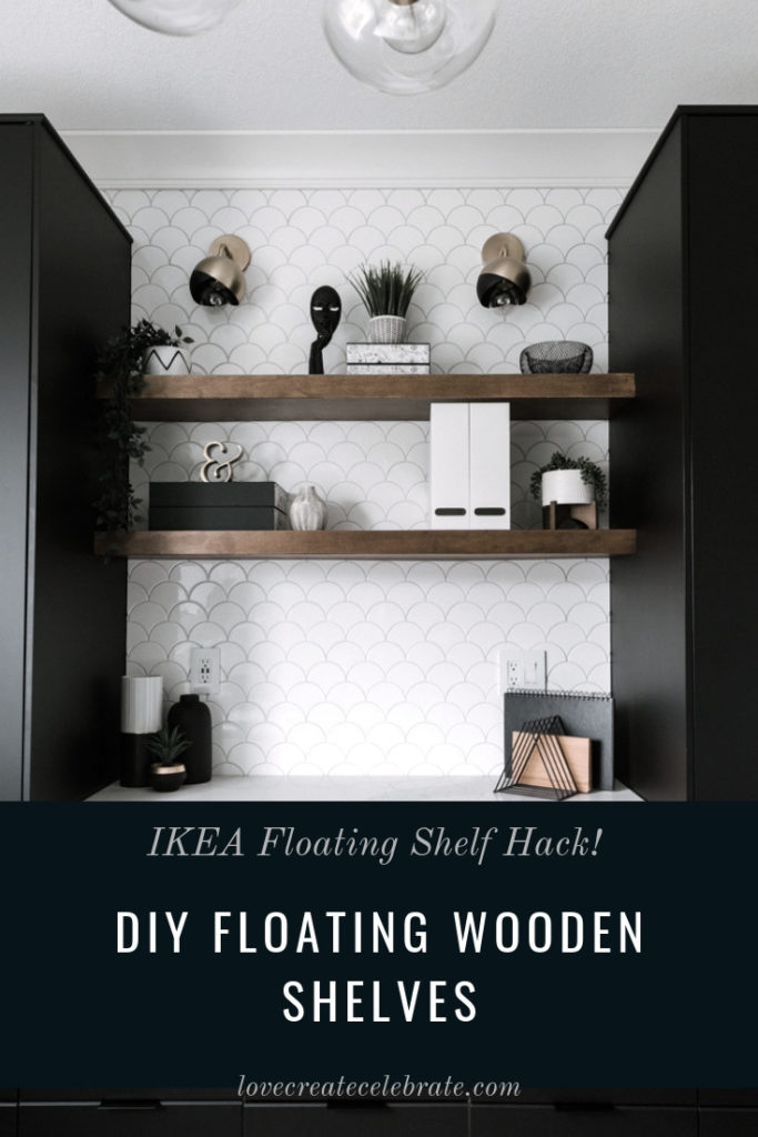 Walnut shelving with text overlay reading "DIY floating wooden shelves"