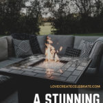 Gorgeous backyard photo with text overlay reading, "A stunning DIY Fire Pit"