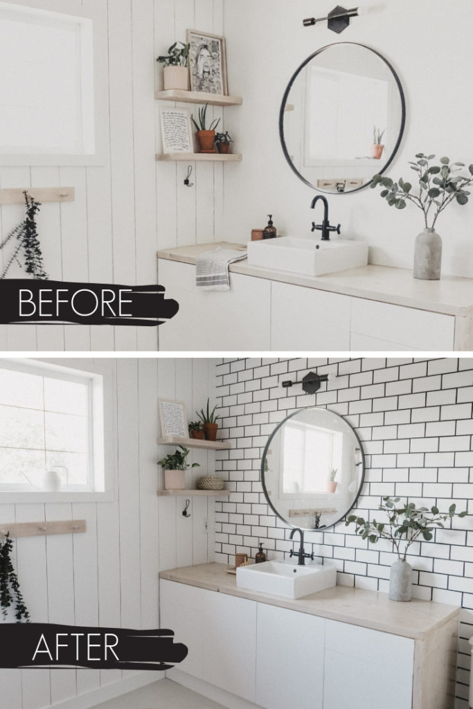 bathroom before and after collage with new accent wall