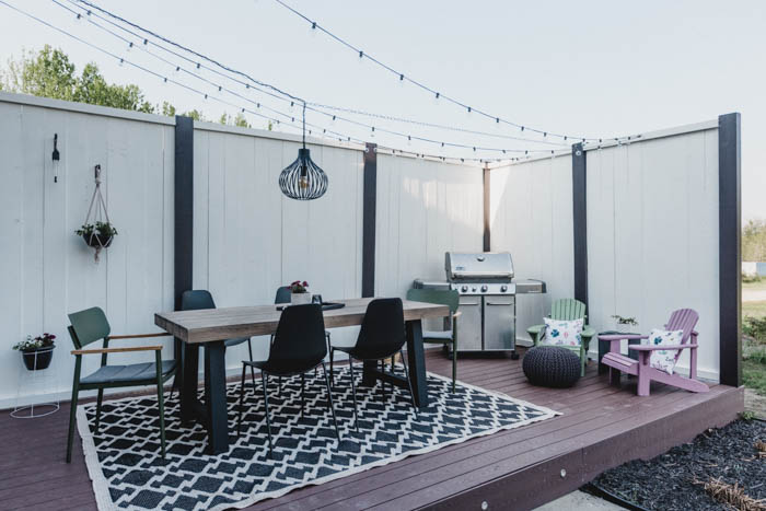 modern deck with string lights