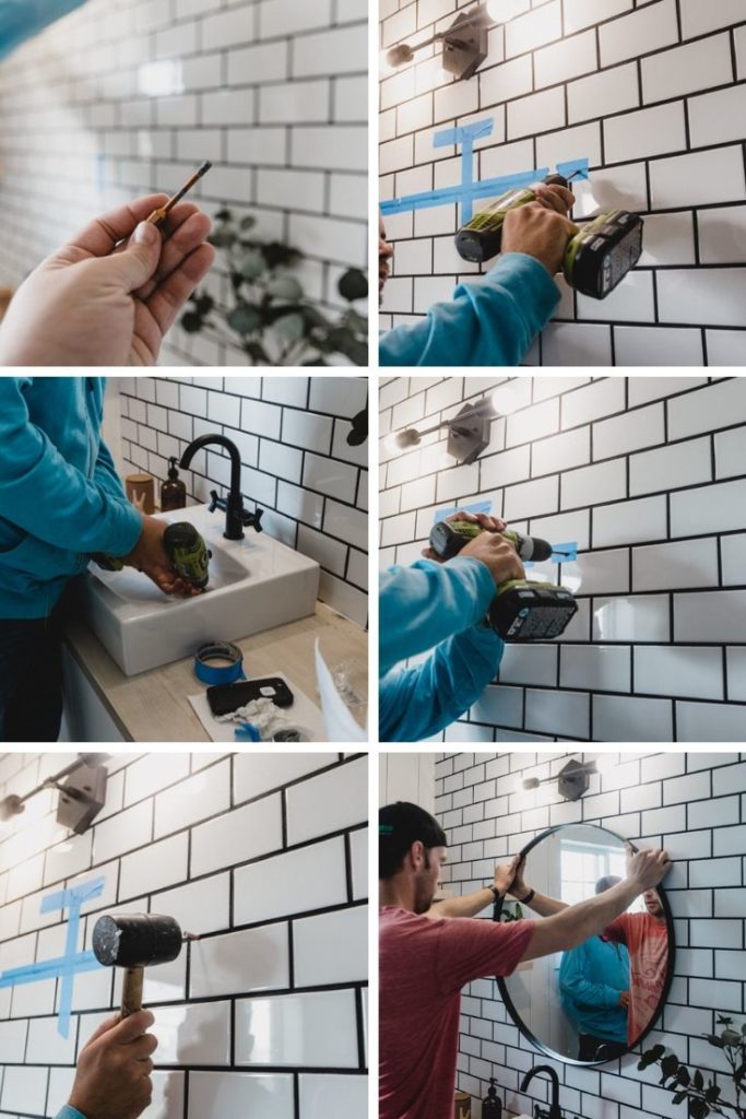 collage showing how to hand a mirror on tile