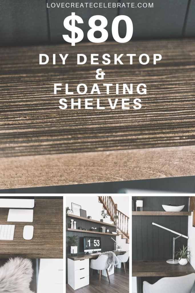 Collage of computer desk photos with text overlay reading "DIY desktop and floating shelves"