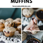 Muffins and saskatoon berries in a collage with text reacing, saskatoon berry muffins