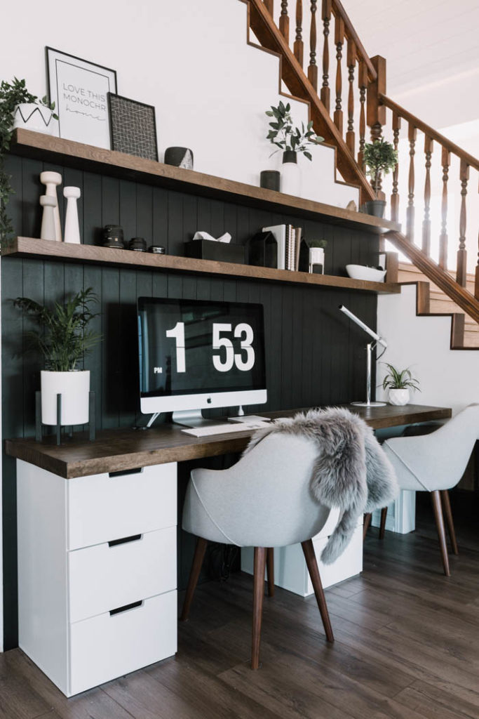 Beautiful dark wood desktop and floating shelves