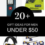 Collage of 20+ Great gift ideas for men under $50! Use these as gifts, stocking stuffers, or gift exchange presents! Great for woodworkers and mechanics!