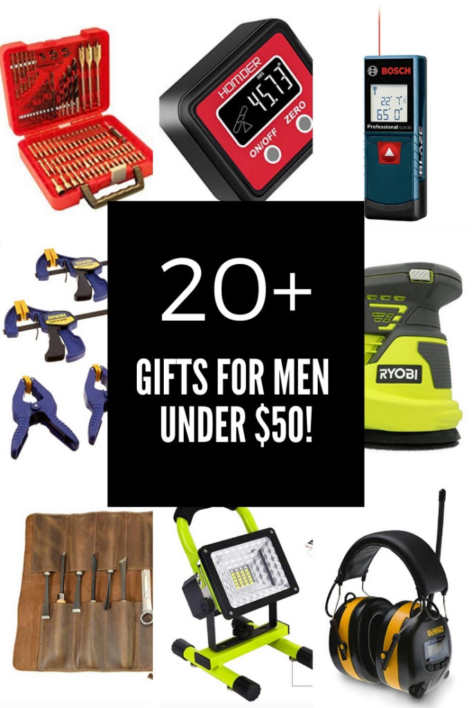 Collage including 20+ Great gift ideas for men under $50! Use these as gifts, stocking stuffers, or gift exchange presents! Great for woodworkers and mechanics!