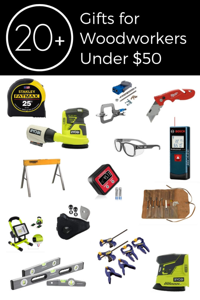 Collage of 20+ Great gift ideas for men under $50! Use these as gifts, stocking stuffers, or gift exchange presents! Great for woodworkers and mechanics! 