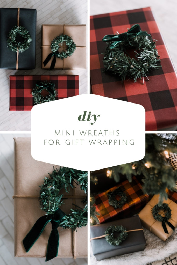 Mini wreaths in gift wrap collage with text overlay reading "DIY mini wreaths for gift wrapping"