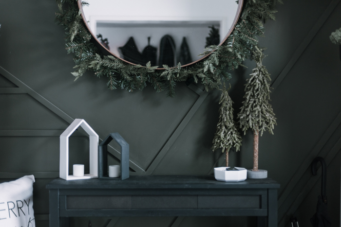 green, black, and white Christmas decor