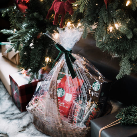 A wrapped gift basket for Christmas